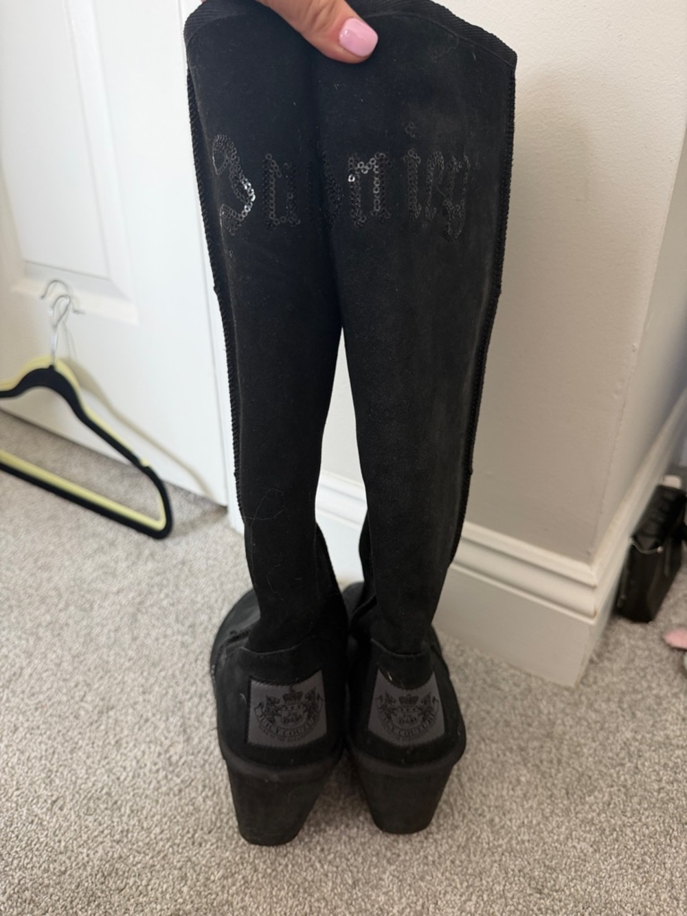 Juicy Couture Black Suede Knee-High Wedge Boots with Sequin Logo